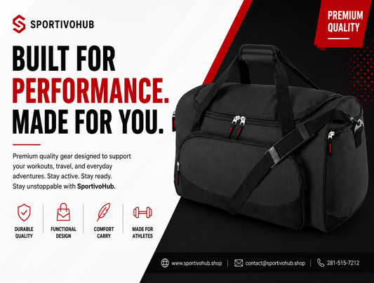 Black duffel bag with Sportivohub branding and promotional text on a dark background